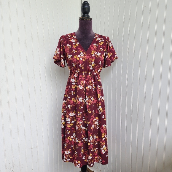 Maternity Short Flutter Sleeve Dress Isabel Maternity Maroon Floral Sz S - Picture 1 of 15